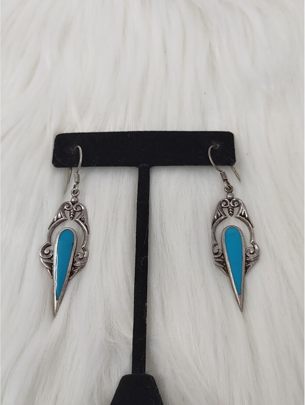 Vintage 925 Sterling Silver Turquoise Inlay Dangle Earrings